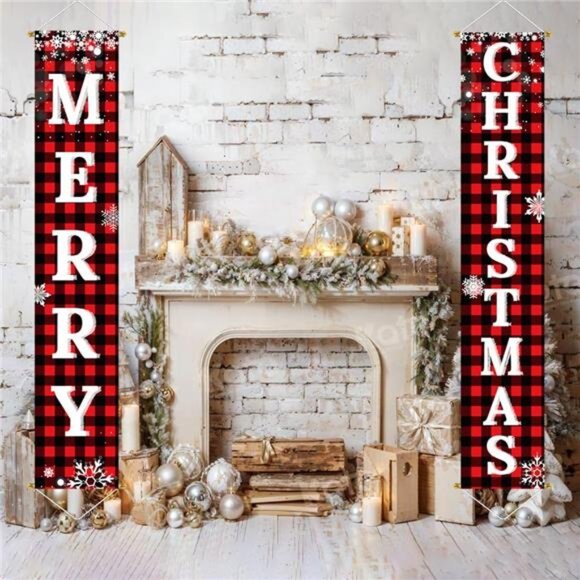 Christmas Decorations Outdoor Yard Sign Set -Red Black Buffalo Plaid Door Banner - Picture 6 of 8